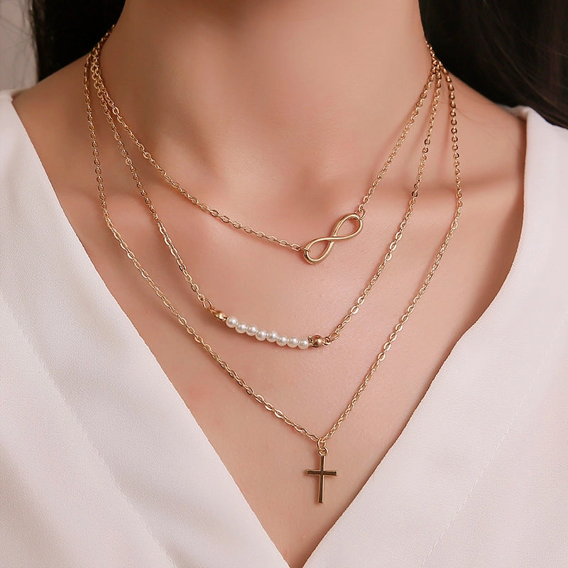 Wholesale Cross 8 Character Pearl Multi-layer Necklace Clavicle Chain
