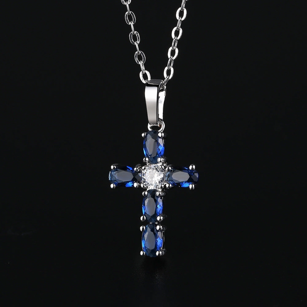 Wholesale Cross Blue Zircon Pendant Necklace Clavicle Chain