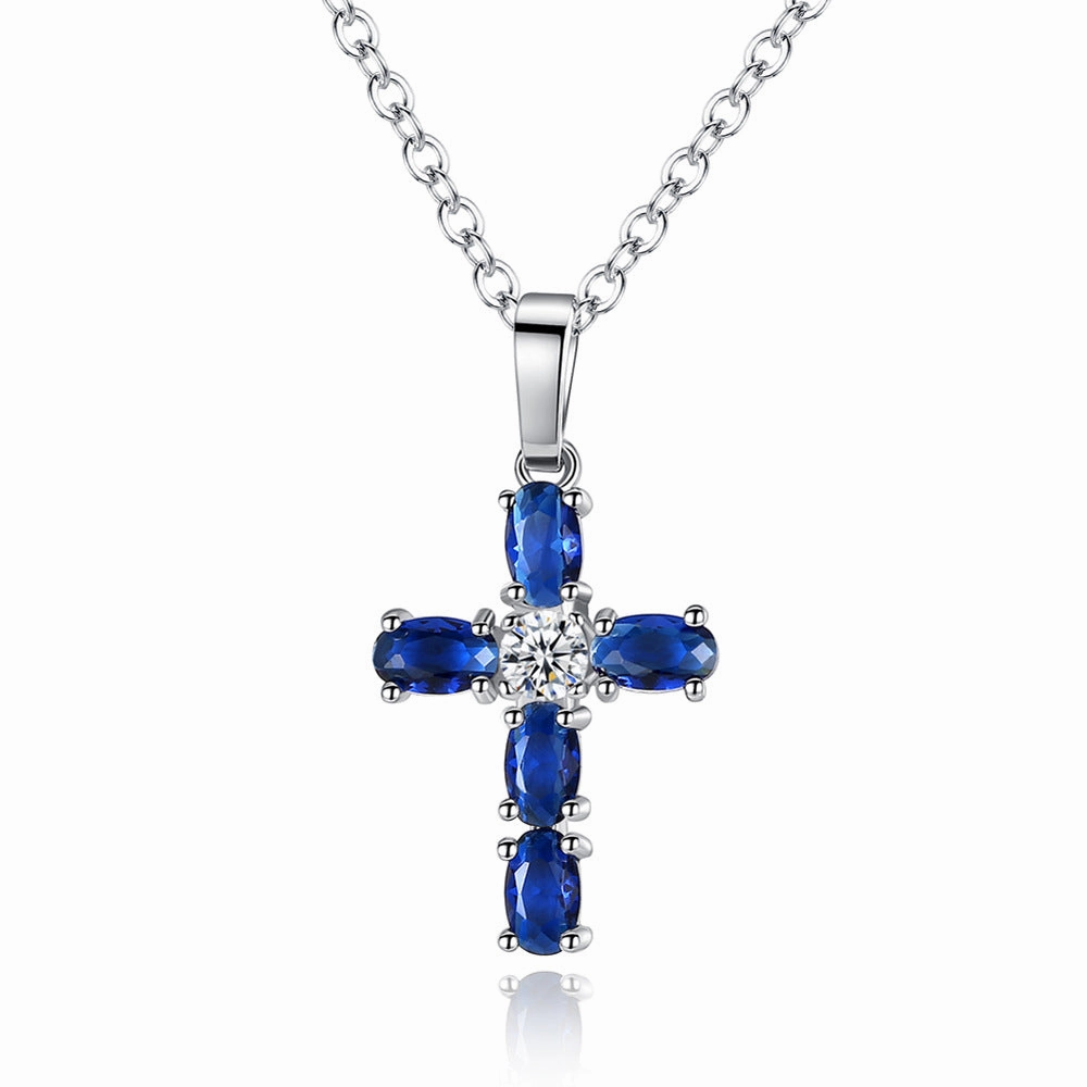 Wholesale Cross Blue Zircon Pendant Necklace Clavicle Chain