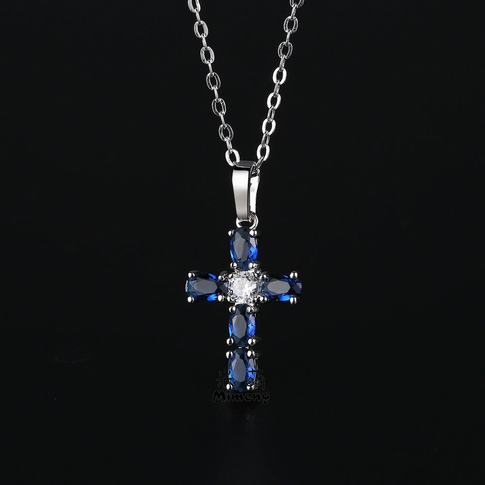 Wholesale Cross Blue Zircon Pendant Necklace Clavicle Chain