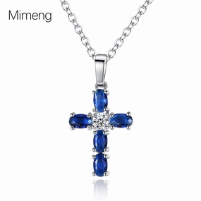 Wholesale Cross Blue Zircon Pendant Necklace Clavicle Chain