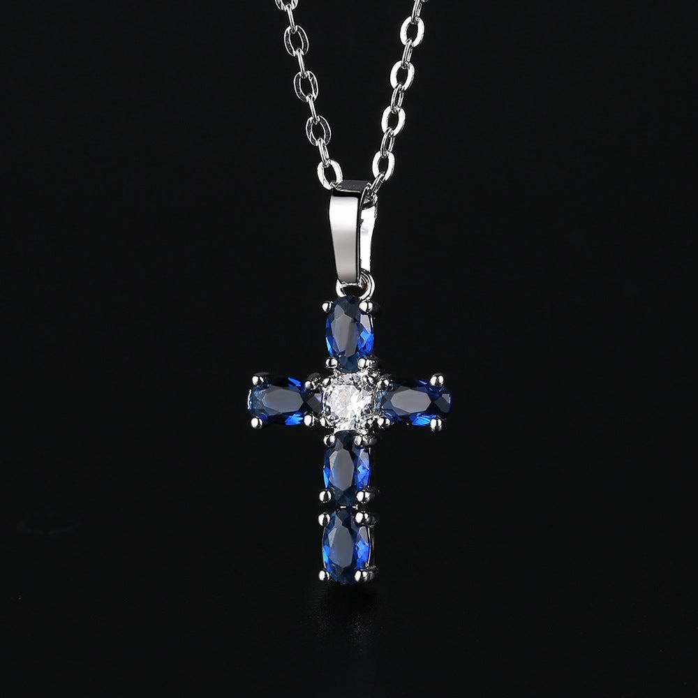 Wholesale Cross Blue Zircon Pendant Necklace Clavicle Chain