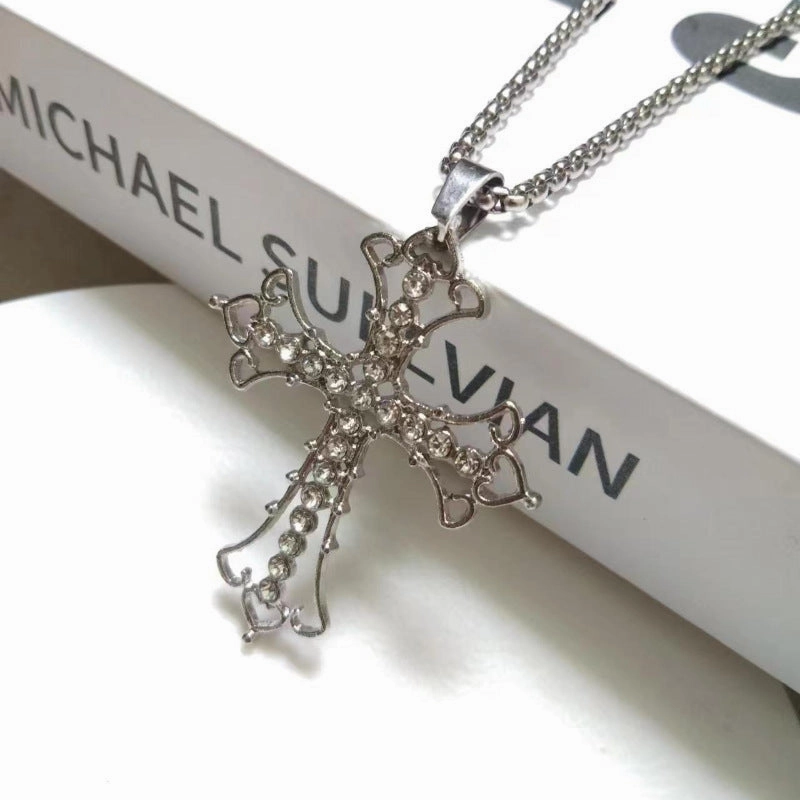 Wholesale Cross Diamond Hollow Sweater Necklace