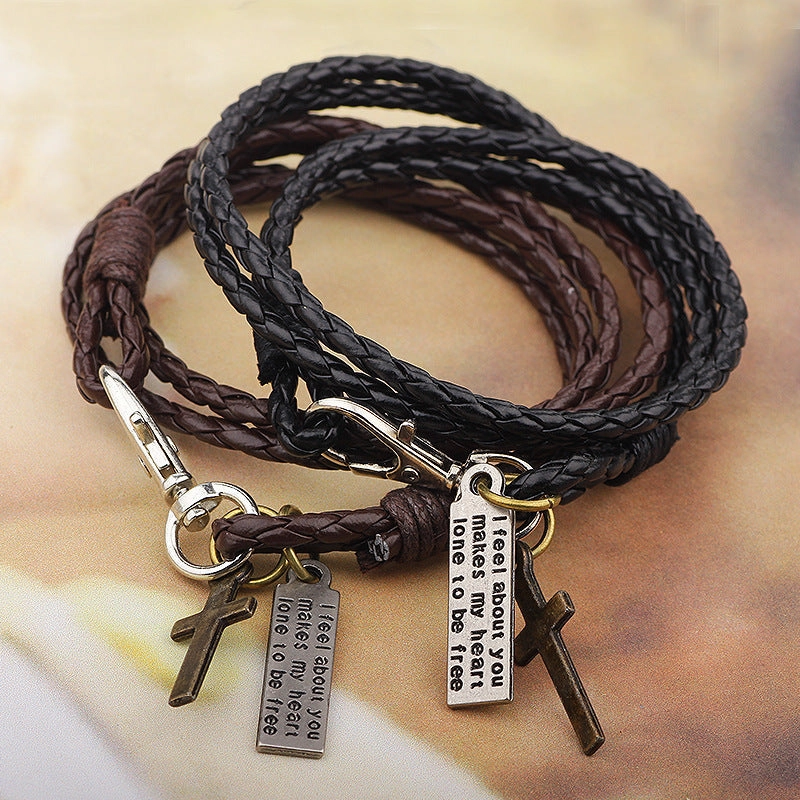 Wholesale Cross Double Layer Multi-Circle Wrap Leather Bracelet