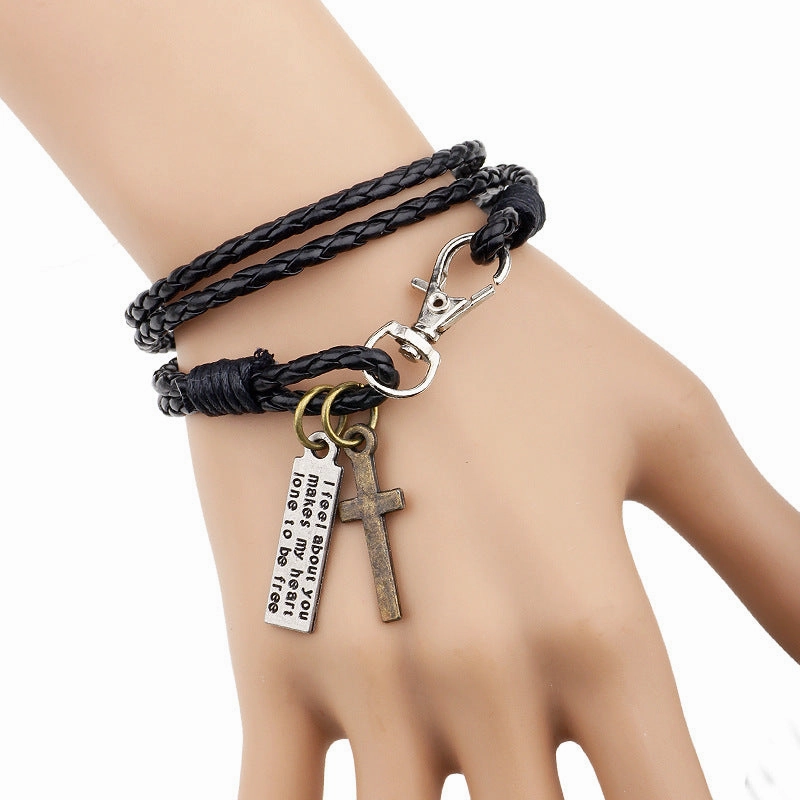 Wholesale Cross Double Layer Multi-Circle Wrap Leather Bracelet