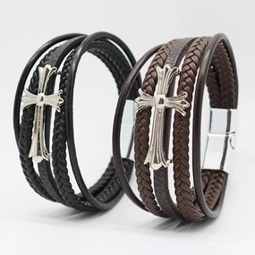 Wholesale Cross Multi-layer Leather Rope Woven Bracelets