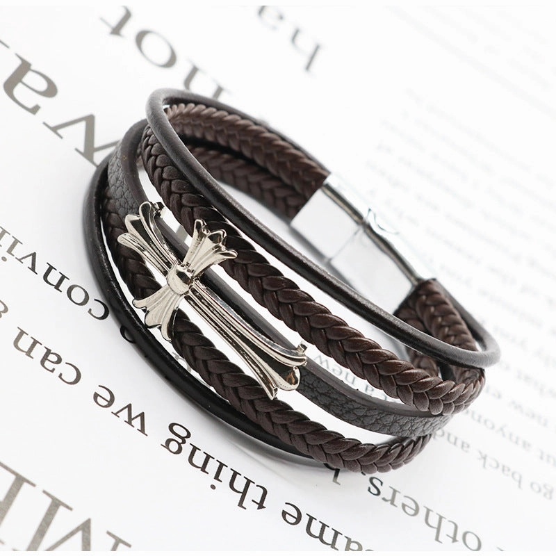Wholesale Cross Multi-layer Leather Rope Woven Bracelets