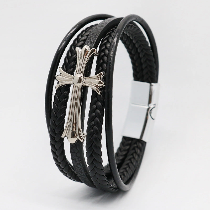 Wholesale Cross Multi-layer Leather Rope Woven Bracelets