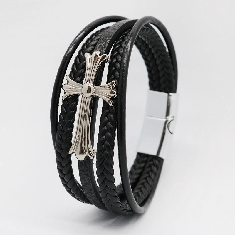 Wholesale Cross Multi-layer Leather Rope Woven Bracelets
