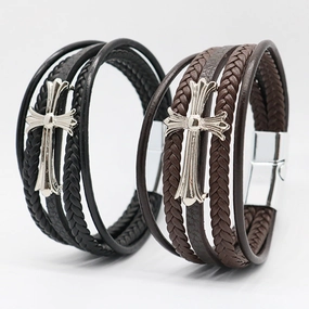 Wholesale Cross Multi-layer Leather Rope Woven Bracelets