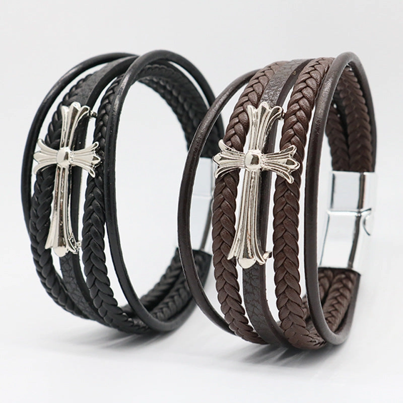 Wholesale Cross Multi-layer Leather Rope Woven Bracelets