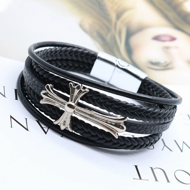 Wholesale Cross Multi-layer Leather Rope Woven Bracelets