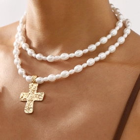 Wholesale Cross Pendant Vintage Pearl Double Layer Clavicle Necklace