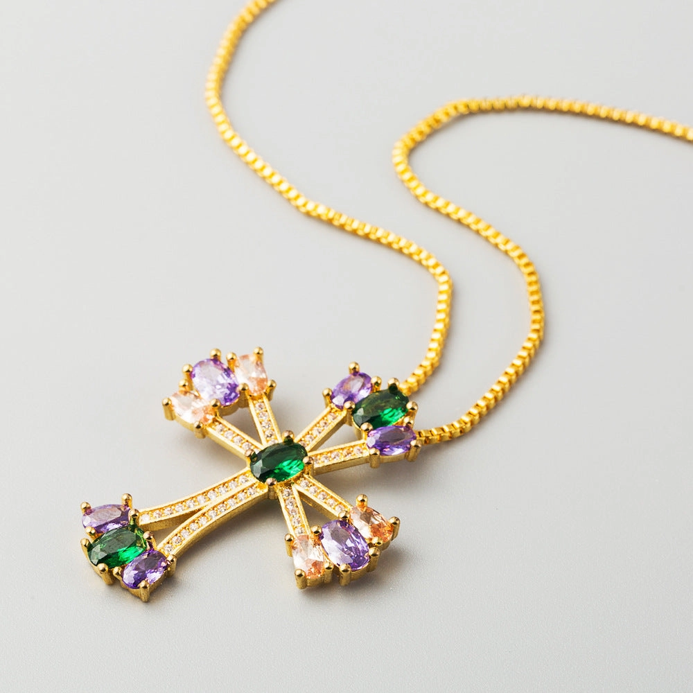 Wholesale Cross Shaped Copper Inlaid Colored Zircon Necklace