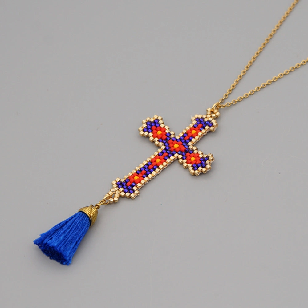 Wholesale Cross Tassel Handwoven Glass Necklace
