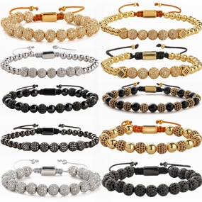 Wholesale Crown 8mm Micropaved Zirconia Gold Diamond Ball Copper Bead Braided Bracelet