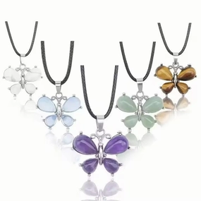 Wholesale Crystal Butterfly Pendant Amethyst Tiger Eye Natural Stone  Necklace