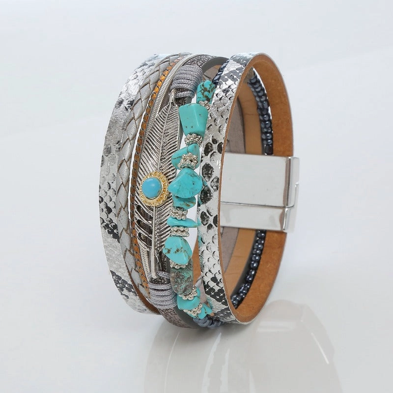 Wholesale Crystal Leather Braided Leather Vintage Bohemian Feather Turquoise Gravel Magnet Clasp Bracelet