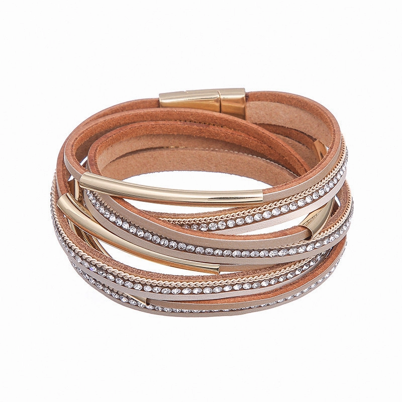 Wholesale Crystal Leather Braided Leather Vintage Bohemian Feather Turquoise Gravel Magnet Clasp Bracelet