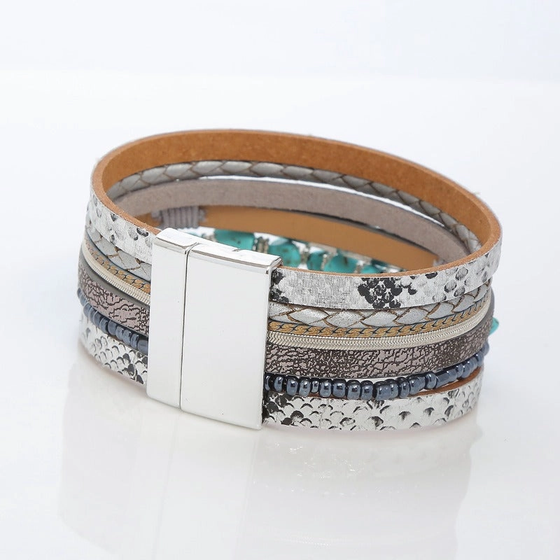 Wholesale Crystal Leather Braided Leather Vintage Bohemian Feather Turquoise Gravel Magnet Clasp Bracelet