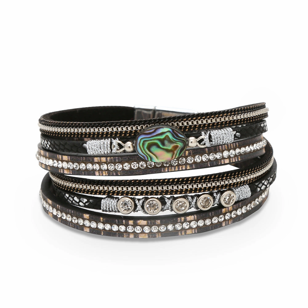 Wholesale Crystal Leather Braided Leather Vintage Bohemian Feather Turquoise Gravel Magnet Clasp Bracelet