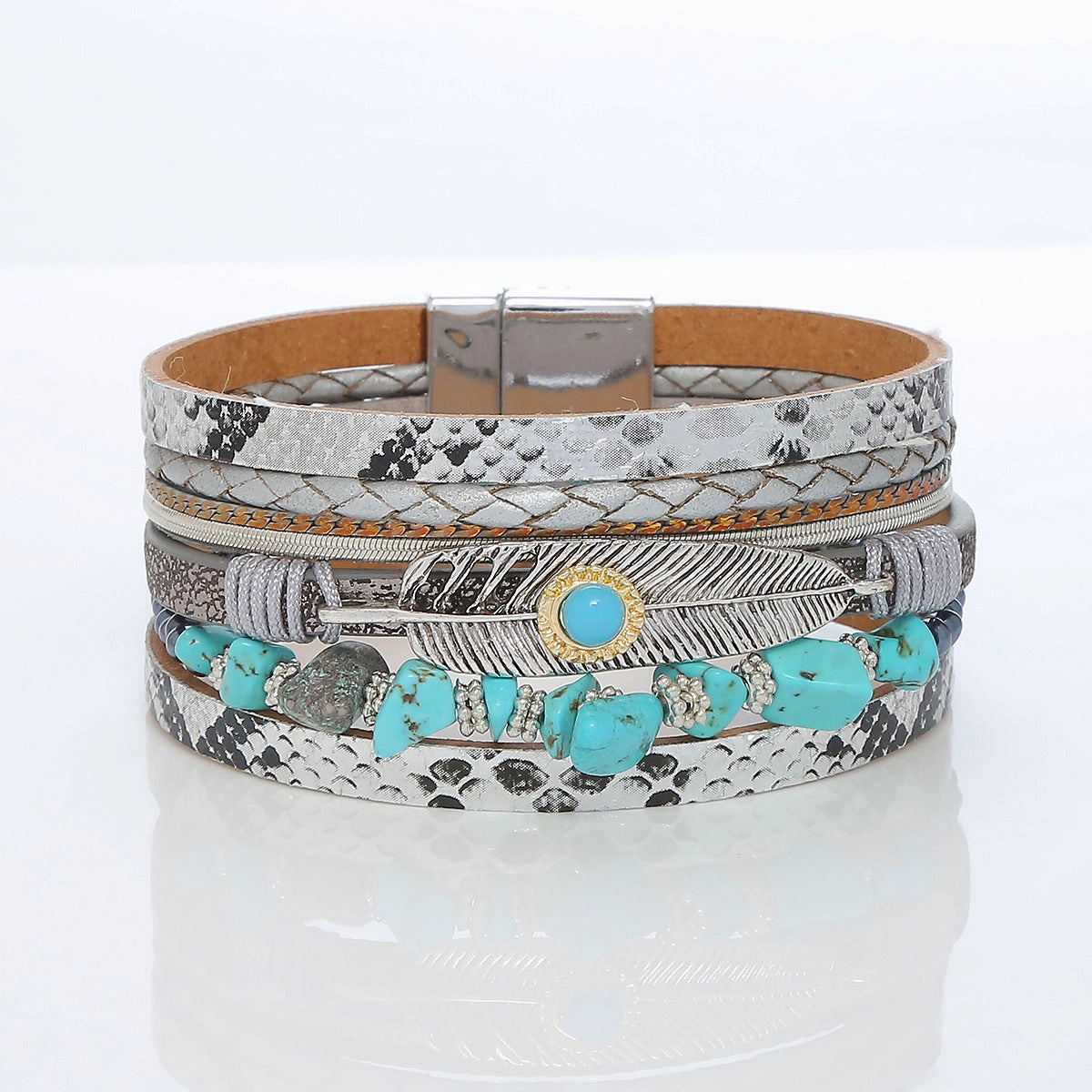 Wholesale Crystal Leather Braided Leather Vintage Bohemian Feather Turquoise Gravel Magnet Clasp Bracelet