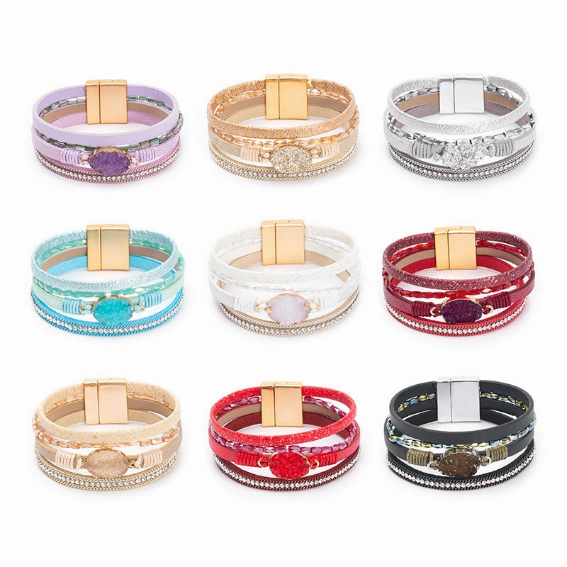 Wholesale Crystal Studded Vintage Ethnic Style Beaded Leather Bracelet