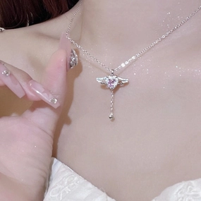 Wholesale Cupid heart necklace female love Angel wings tassel romantic clavicle chain Qixi gift
