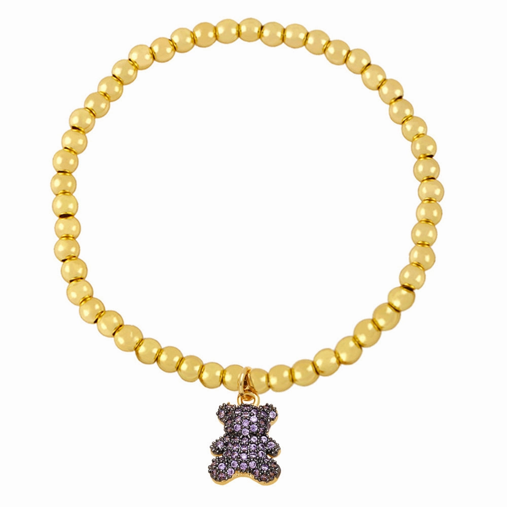 Wholesale Cute Bear Pendant Bracelet Copper Plated 18K Gold Handmade Beaded Elastic Bracelet