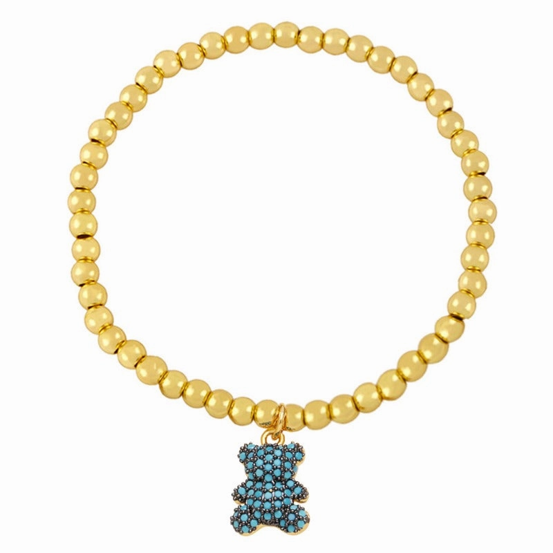 Wholesale Cute Bear Pendant Bracelet Copper Plated 18K Gold Handmade Beaded Elastic Bracelet