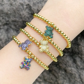 Wholesale Cute Bear Pendant Bracelet Copper Plated 18K Gold Handmade Beaded Elastic Bracelet