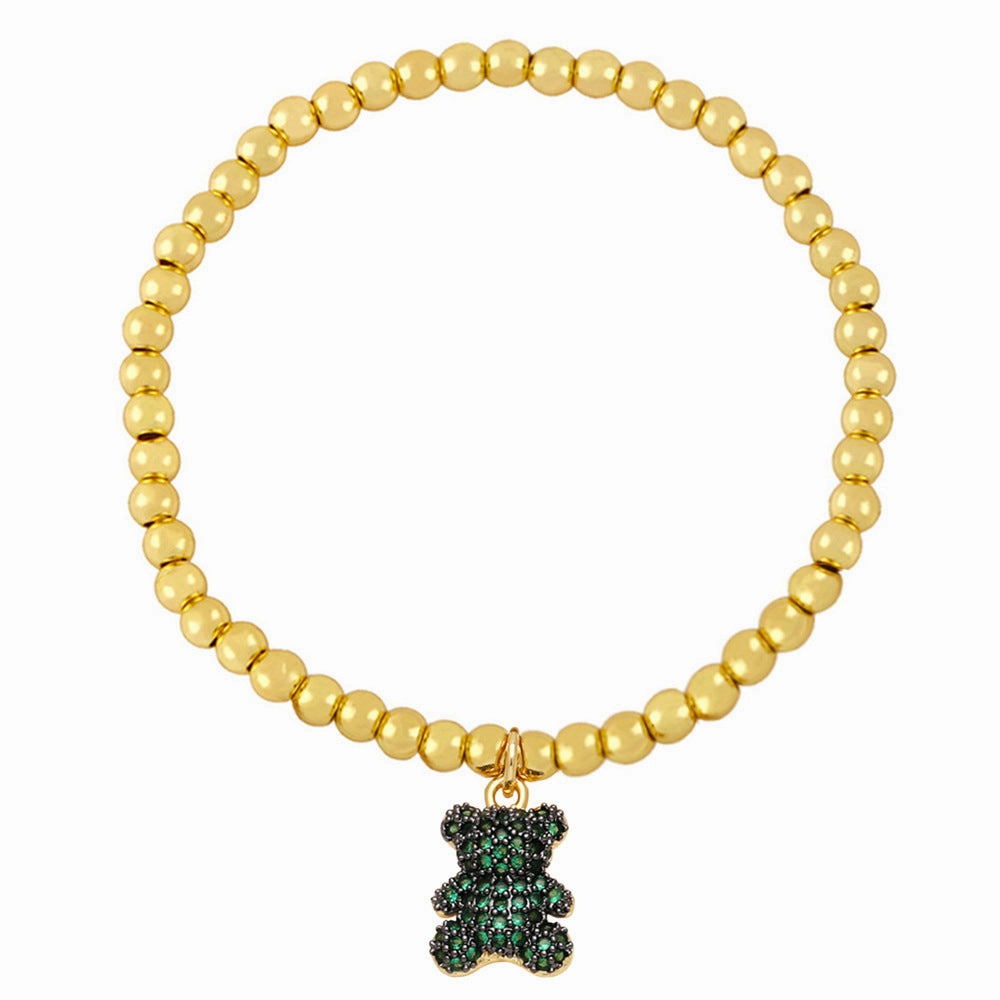 Wholesale Cute Bear Pendant Bracelet Copper Plated 18K Gold Handmade Beaded Elastic Bracelet