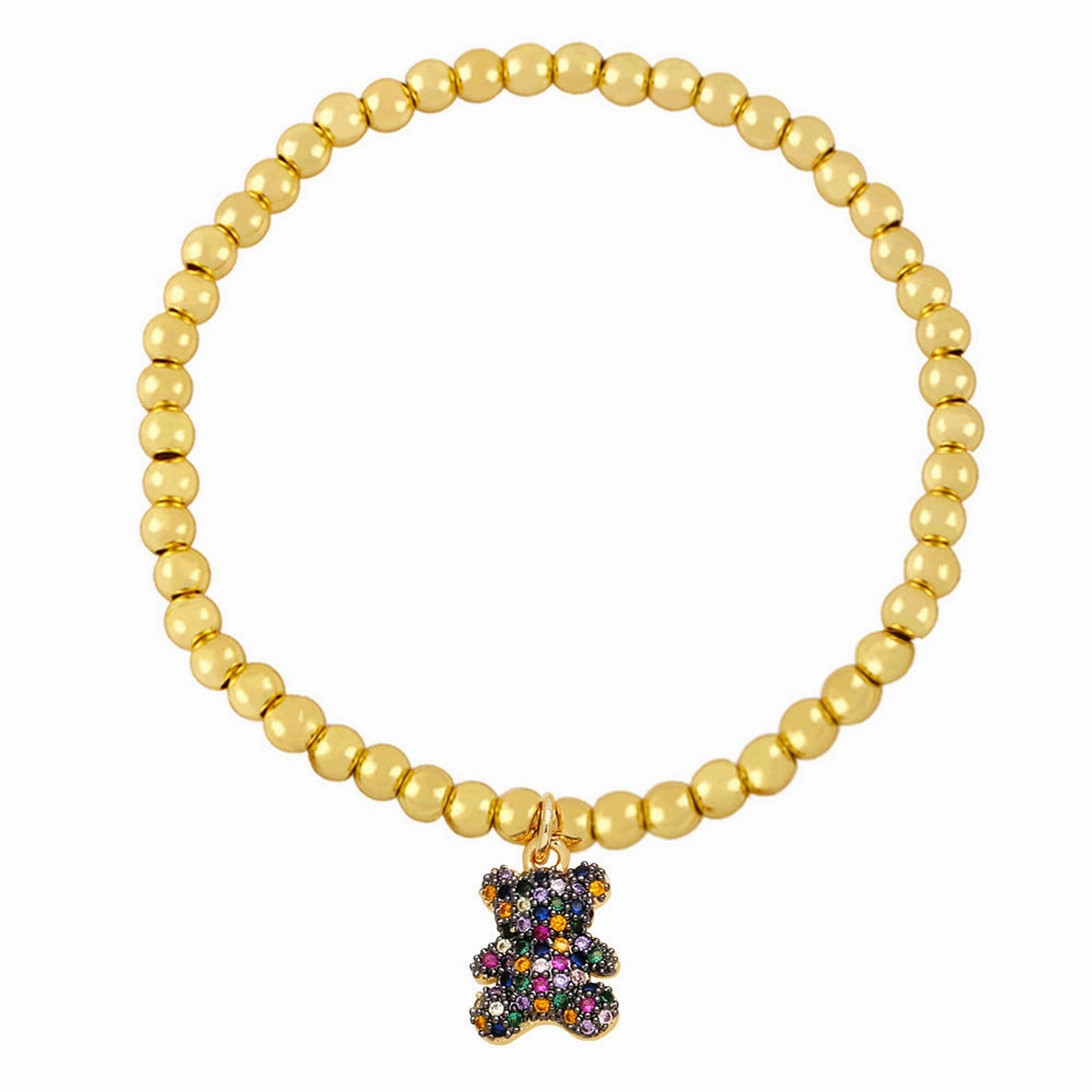 Wholesale Cute Bear Pendant Bracelet Copper Plated 18K Gold Handmade Beaded Elastic Bracelet