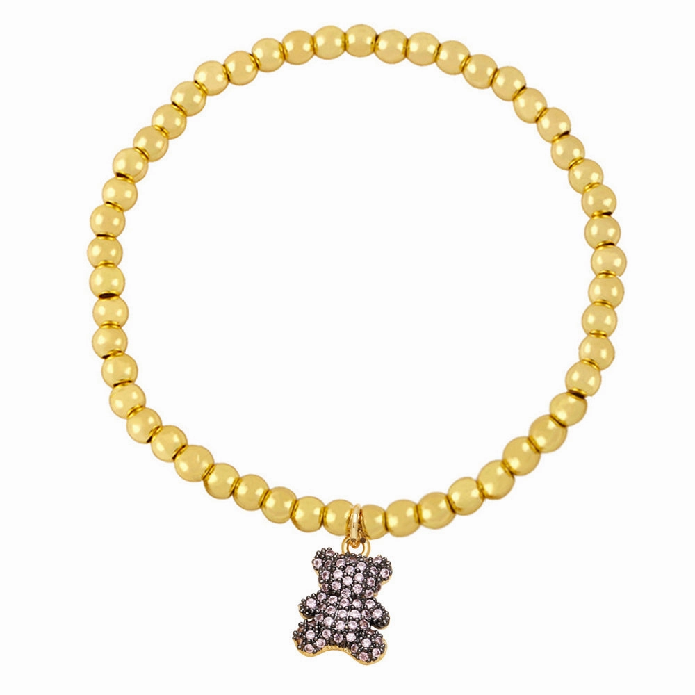 Wholesale Cute Bear Pendant Bracelet Copper Plated 18K Gold Handmade Beaded Elastic Bracelet