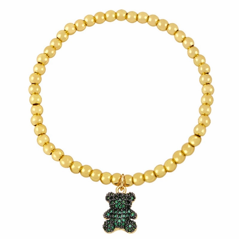 Wholesale Cute Bear Pendant Bracelet Copper Plated 18K Gold Handmade Beaded Elastic Bracelet