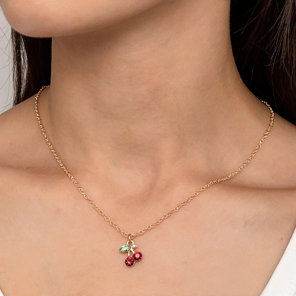 Wholesale cute rhinestone red cherry necklace