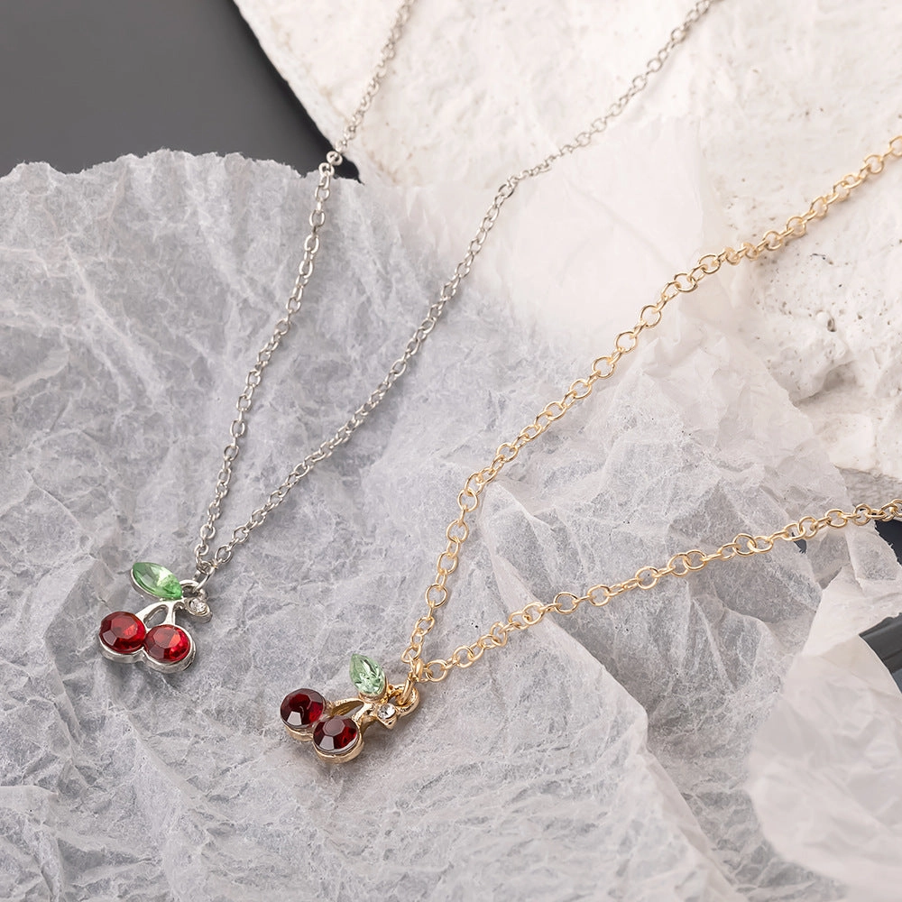 Wholesale cute rhinestone red cherry necklace
