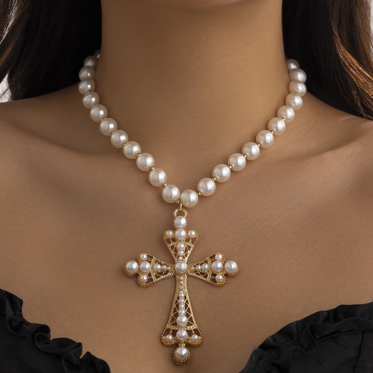 Wholesale Cyberpunk style dark necklace exaggerated micro-inlaid imitation pearl multi-layered necklace