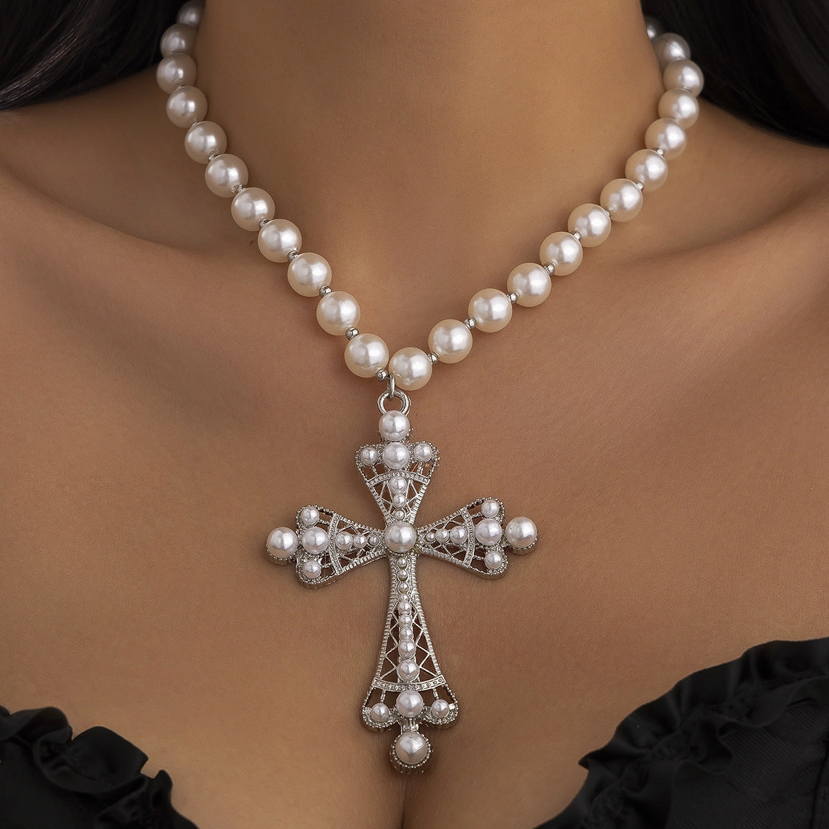 Wholesale Cyberpunk style dark necklace exaggerated micro-inlaid imitation pearl multi-layered necklace