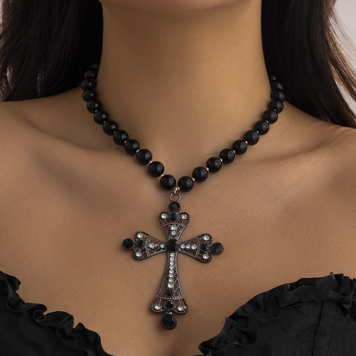 Wholesale Cyberpunk style dark necklace exaggerated micro-inlaid imitation pearl multi-layered necklace