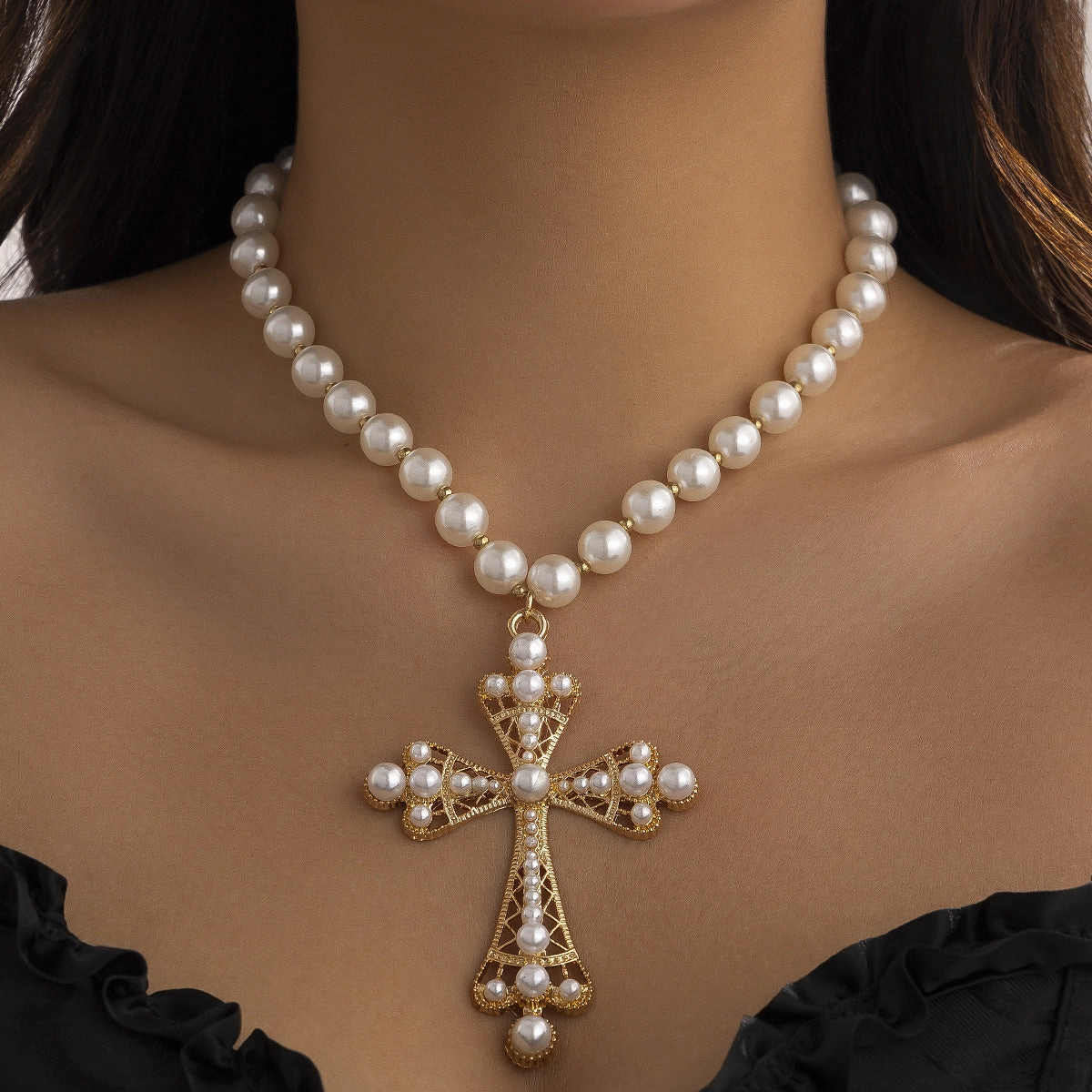 Wholesale Cyberpunk style dark necklace exaggerated micro-inlaid imitation pearl multi-layered necklace