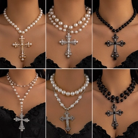 Wholesale Cyberpunk style dark necklace exaggerated micro-inlaid imitation pearl multi-layered necklace