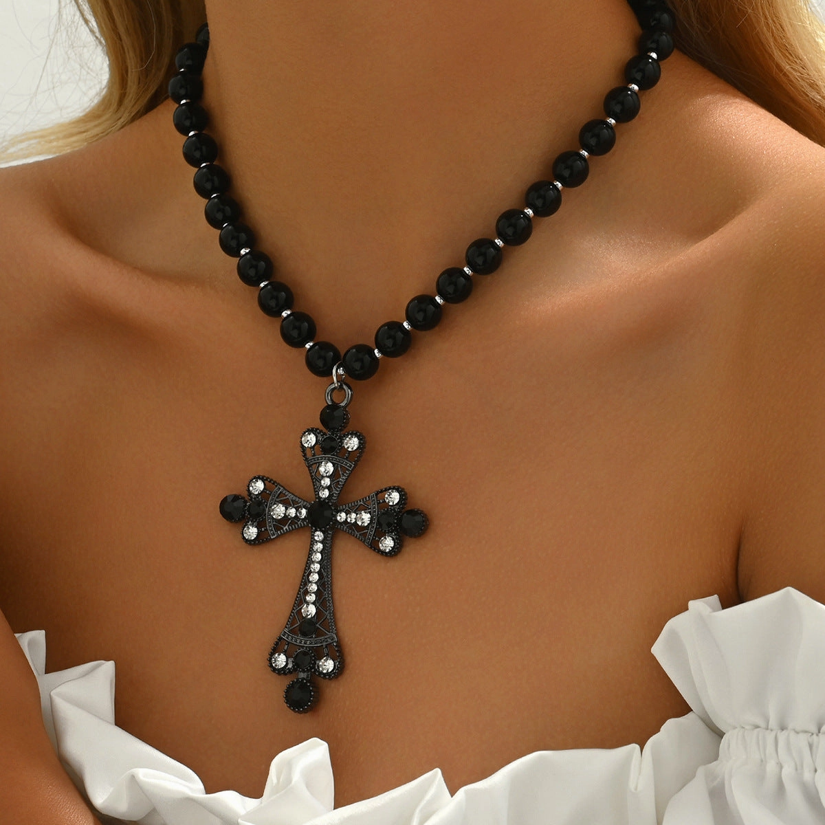 Wholesale Dark Punk Gothic Imitation Pearl Beaded Diamond Exaggerated Cross Necklace