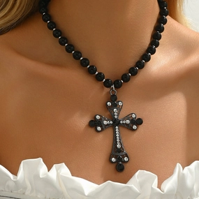 Wholesale Dark Punk Gothic Imitation Pearl Beaded Diamond Exaggerated Cross Necklace