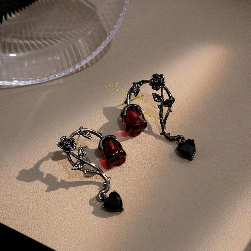 Wholesale Dark rattan red rose flower earrings