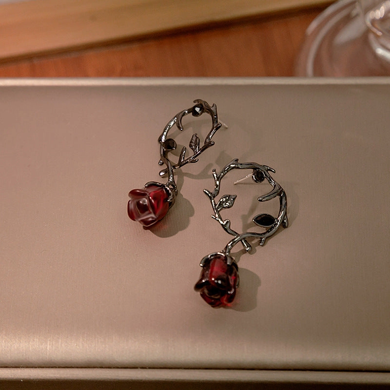 Wholesale Dark rattan red rose flower earrings