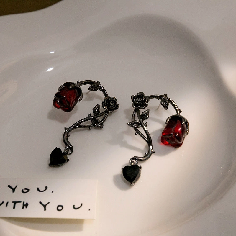 Wholesale Dark rattan red rose flower earrings