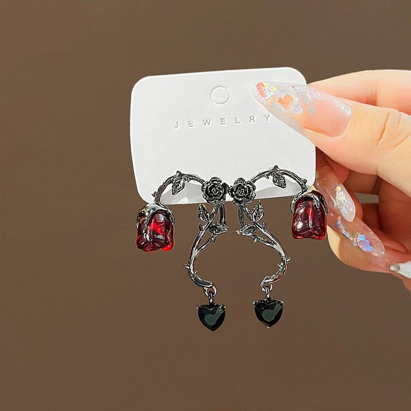 Wholesale Dark rattan red rose flower earrings