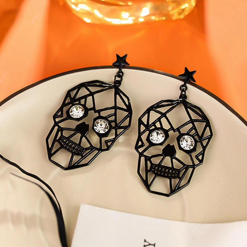 Wholesale Dark Style Exaggerated Metal Skull Diamond Earrings