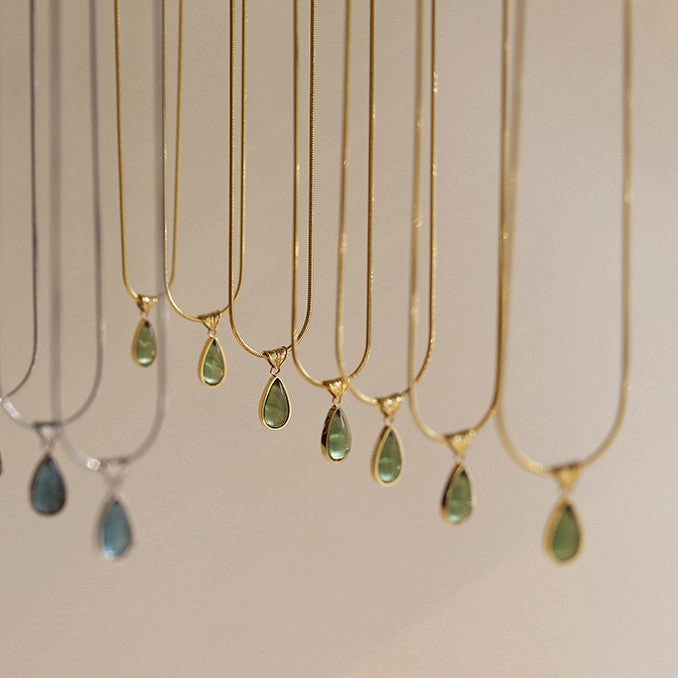 Wholesale December Birthday Stone Water Drop Titanium Steel Necklaces